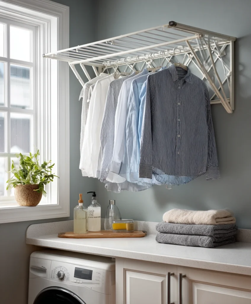 laundry room wall featuring a foldable drying rack in white metal, extended with hanging shirts and towels