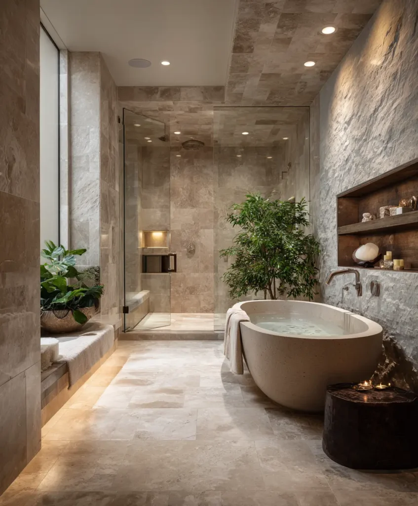 A breathtaking spa-style bathroom featuring a stone soaking tub inside a walk in shower with frameless glass panels.