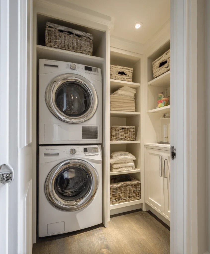 laundry closet showcasing a washer and dryer stacked vertically inside custom cabinetry