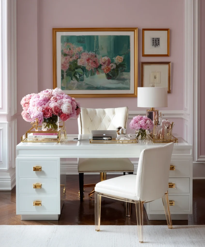 modern feminine home office with a glossy white lacquer desk featuring gold hardware, styled with chic accessories and flowers