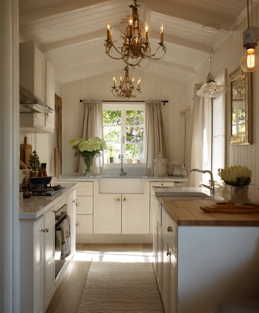 A softly lit small cottage kitchen with natural sunlight streaming through a window dressed in light curtains.