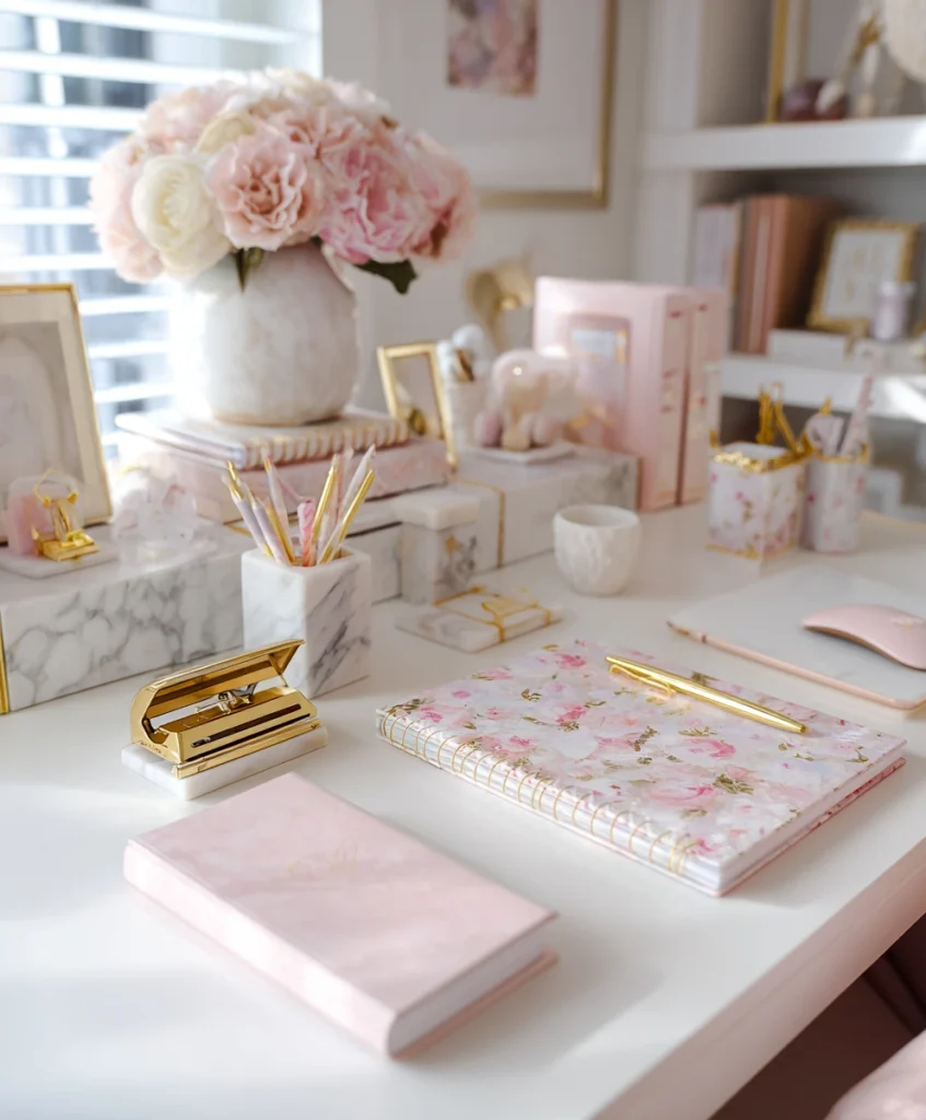 Chic feminine home office desk styled with marble pen holders, gold stapler, blush notebook, and matching pastel accessories.