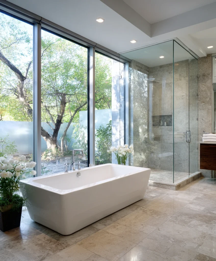 An airy, luxurious bathroom featuring a rectangular tub inside a frameless glass walk in shower, positioned beside floor-to-ceiling windows overlooking a garden.