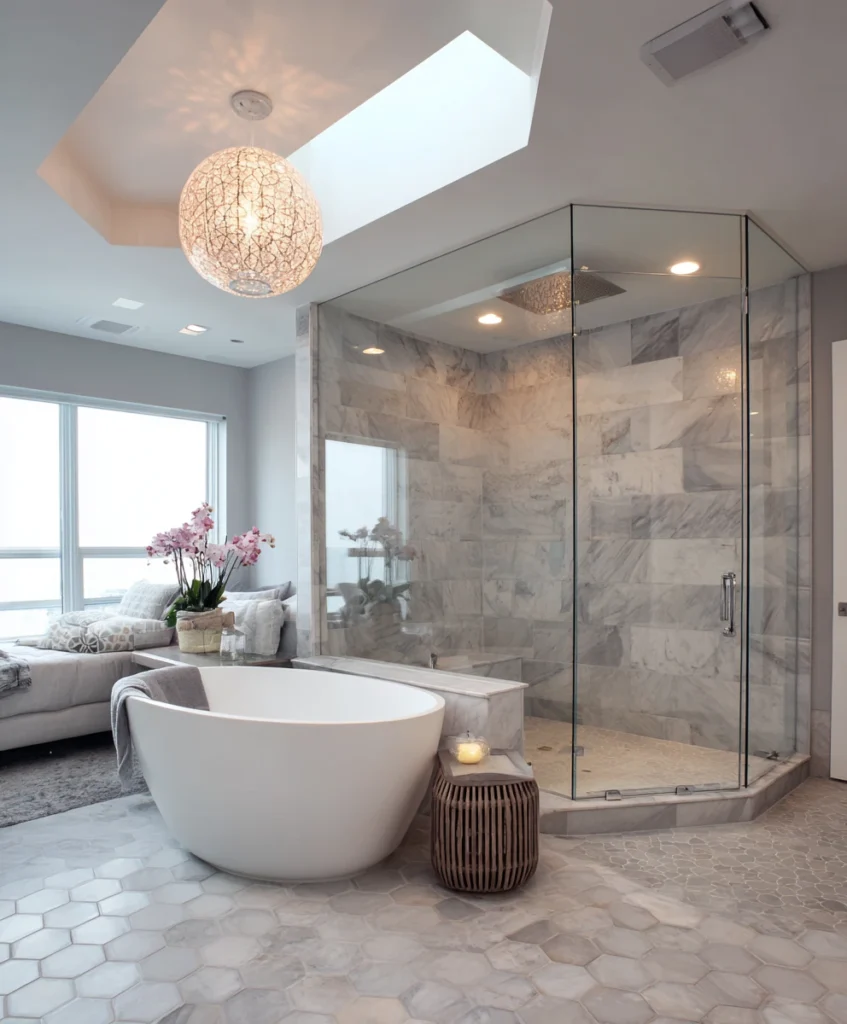 A bright bathroom showcasing a curved-edge modern freestanding tub placed inside a glass-enclosed walk in shower.