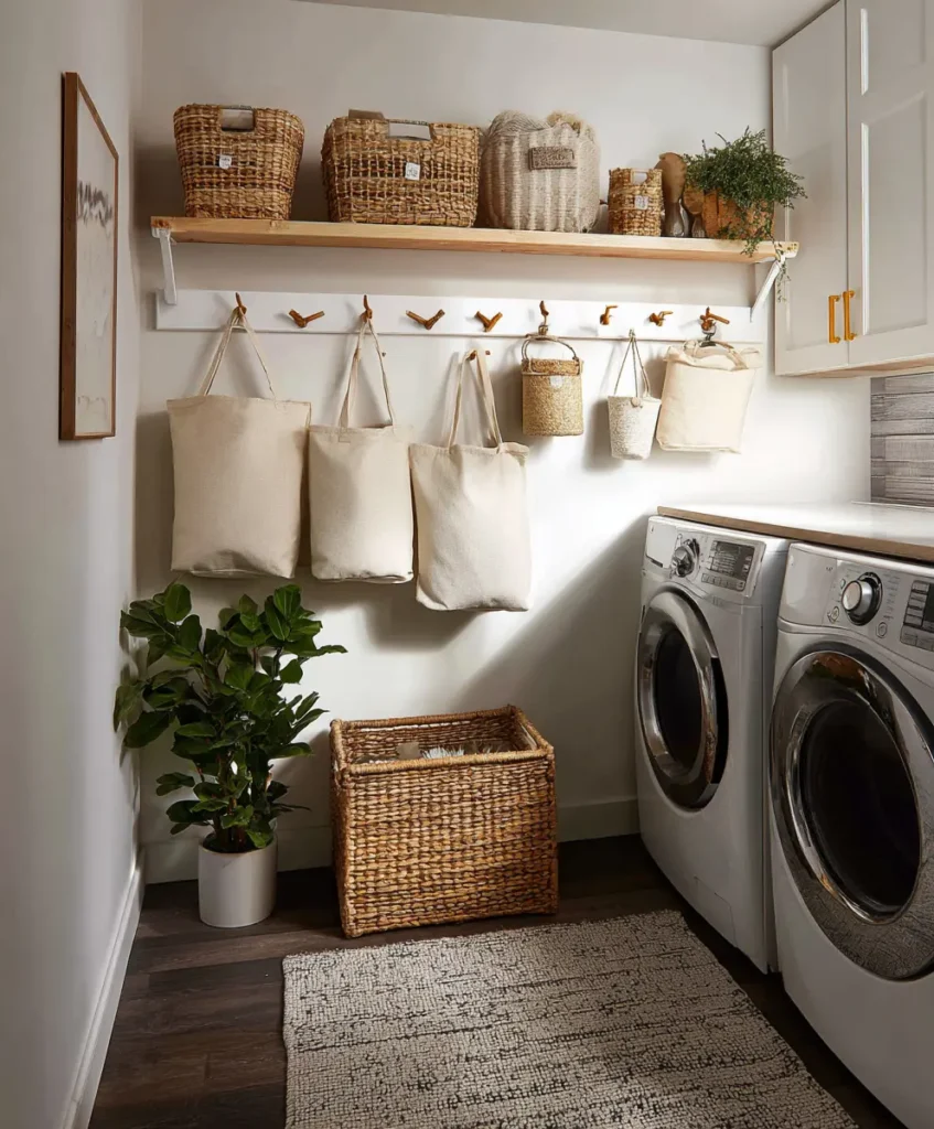 small laundry room wall lined with sturdy hooks holding laundry bags and reusable totes