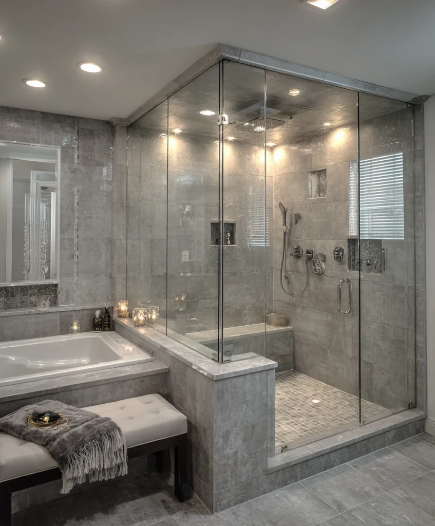 A spacious walk in shower with tub combination featuring two rainfall showerheads, one handheld shower, and a built-in rectangular tub.