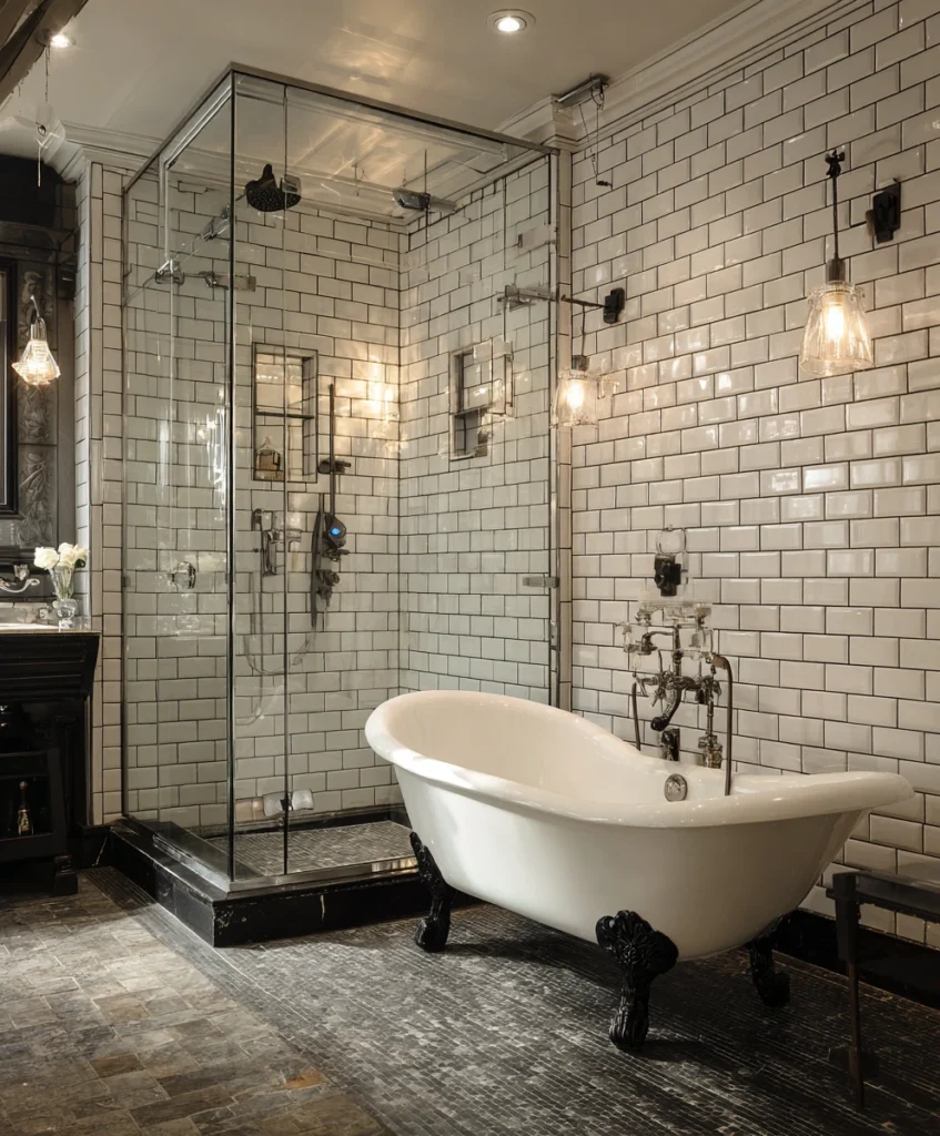 An elegant bathroom design featuring a classic white clawfoot tub with ornate black feet, placed inside a walk in shower enclosed with glass panels.