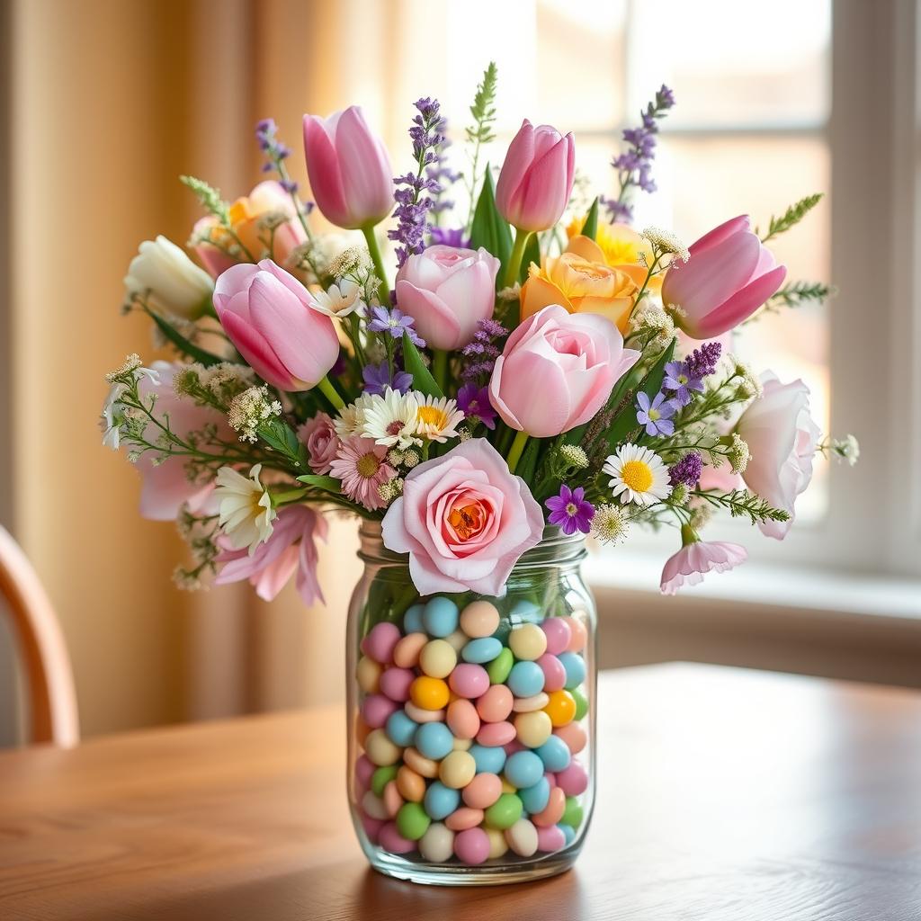 candy jar with flowers table centerpiece