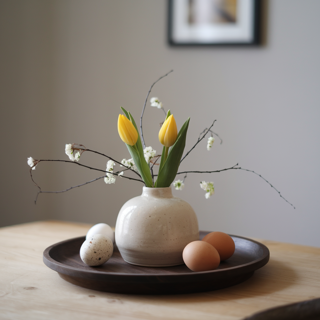 Tulip in white vase with pastel Easter eggs table centerpiece