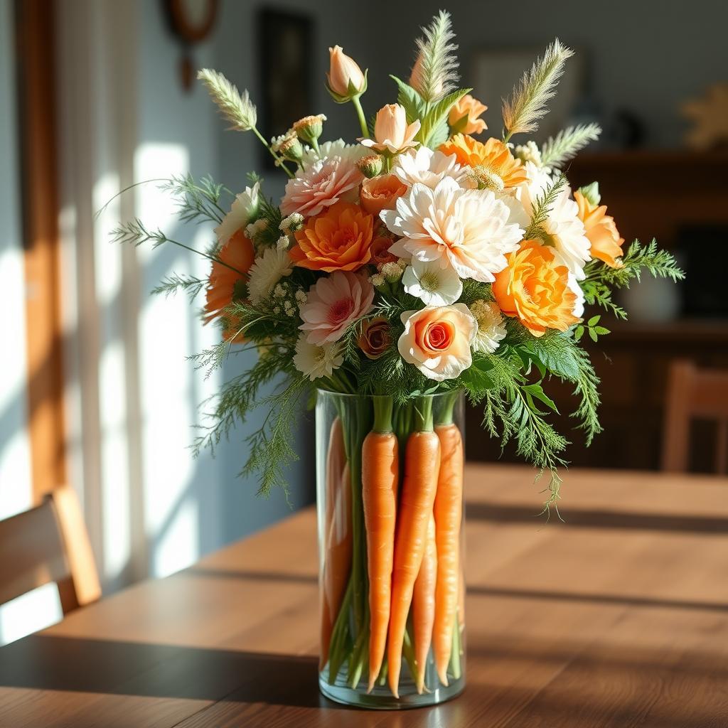 bouquet of carrots and flowers spring table centerpiece