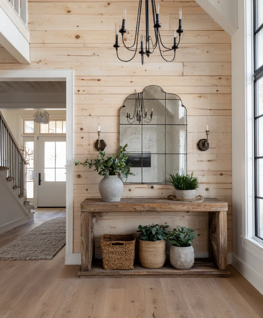 a stylish entryway with a light wood shiplap accent wall