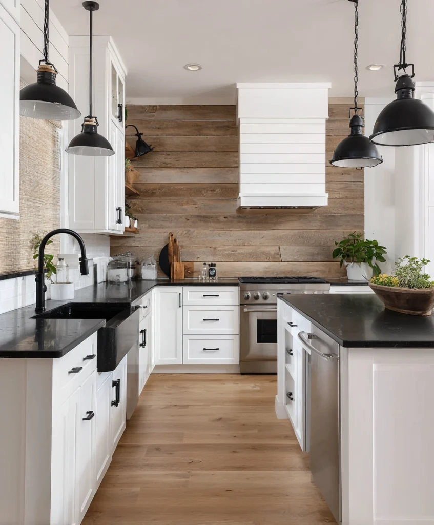 a modern farmhouse kitchen with a wooden shiplap backsplash