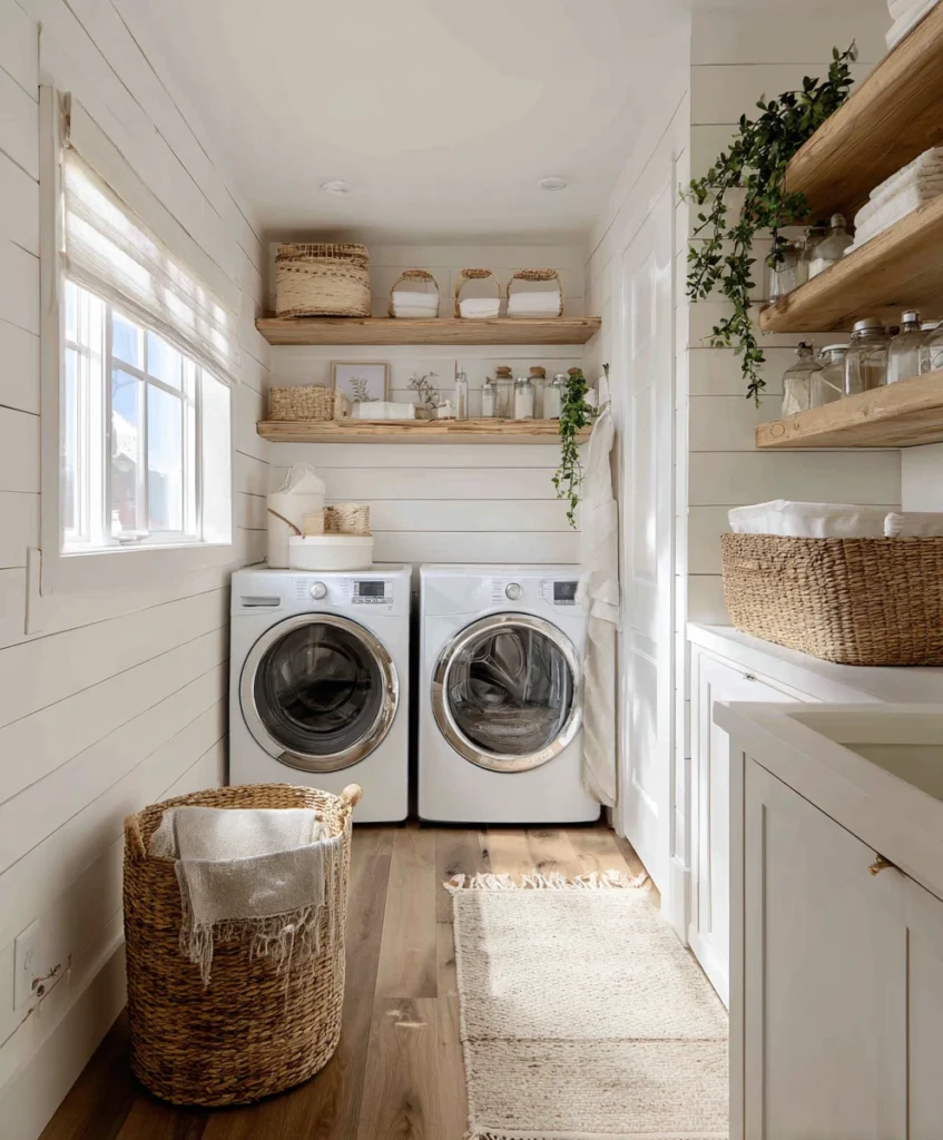 a bright, cheerful laundry room with white shiplap walls