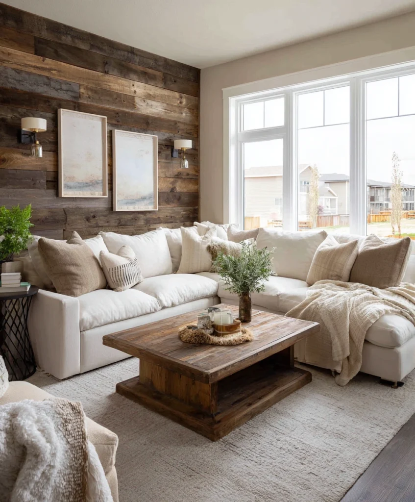 a cozy family living room with a natural wood shiplap accent wall