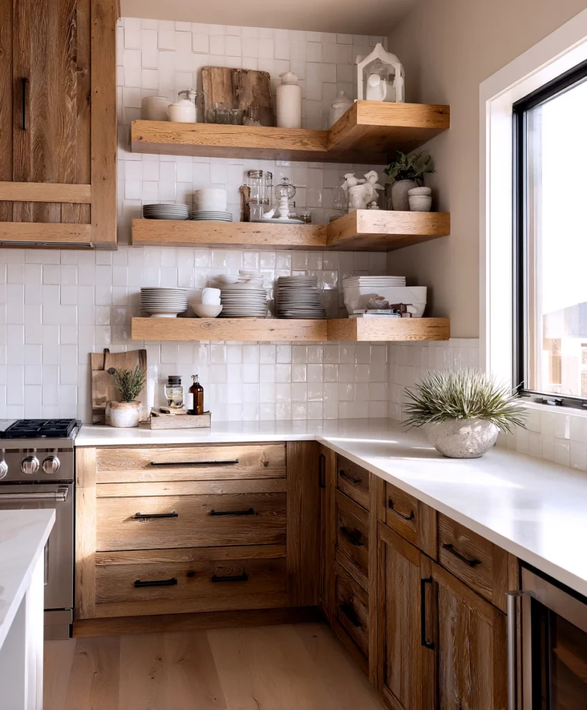 a modern farmhouse kitchen with an open shelving setup