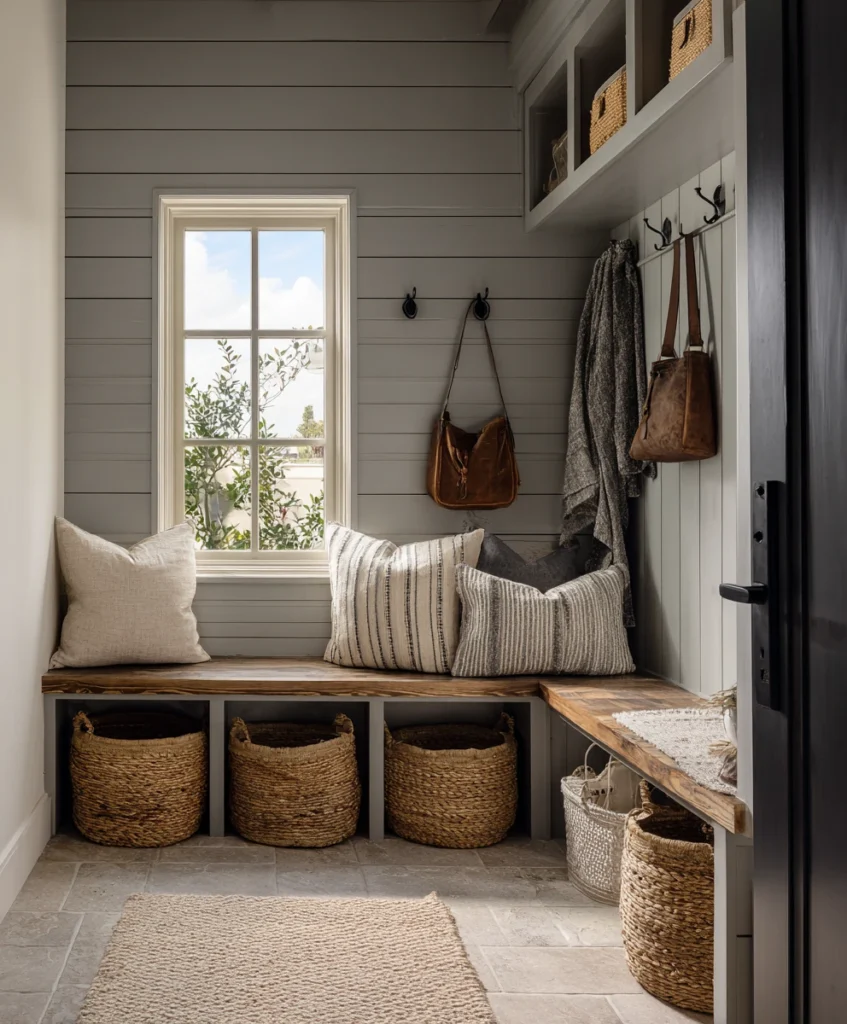 a functional mudroom with gray-stained shiplap walls