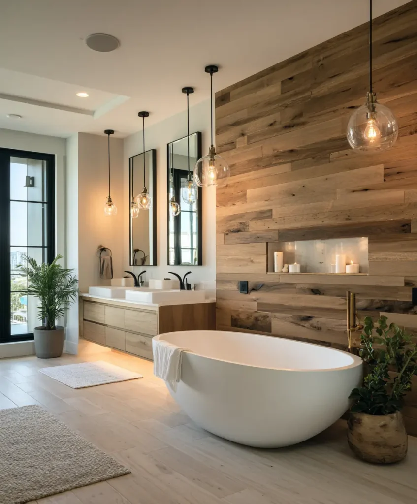 a modern spa-like bathroom with a wood shiplap accent wall