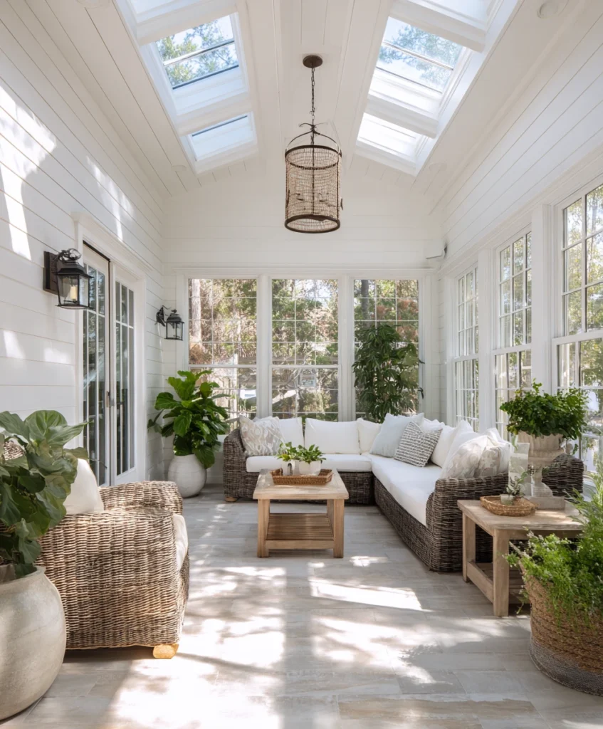 a bright sunroom with a white-painted shiplap ceiling