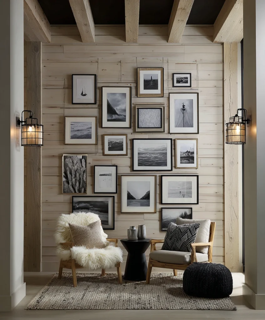 A dramatic gallery wall featuring neutral-toned shiplap panels as the backdrop for an arrangement of black, white, and wooden picture frames in various sizes.