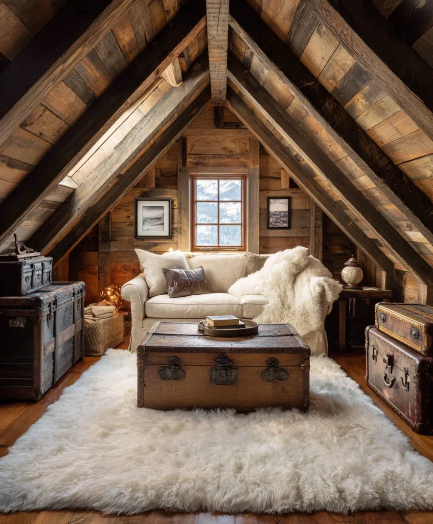 cozy attic retreat with slanted ceilings fully clad in natural wood shiplap