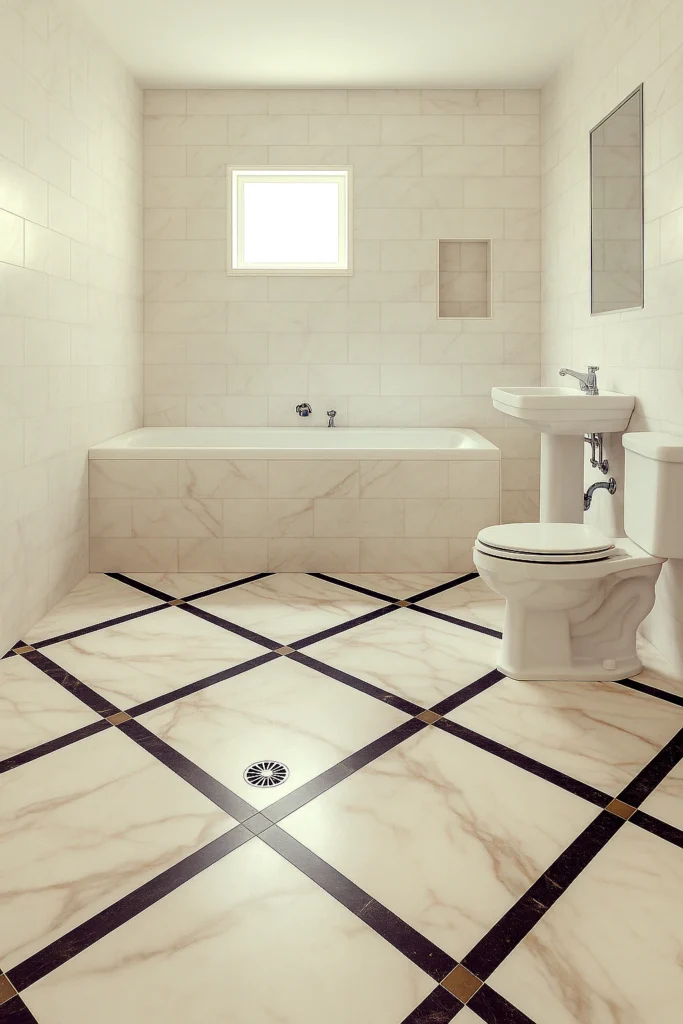 A refined, minimalist bathroom that exudes classic elegance through its use of luxurious marble tiles.