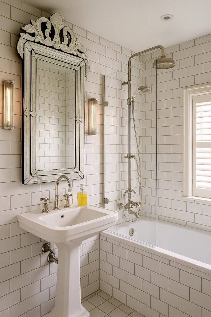a charming bathroom with walls entirely covered in white subway tiles with a glossy finish and dark gray grout