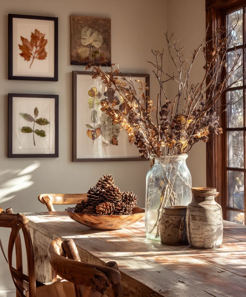 A rustic dining table styled with pinecones in a glass vase, colorful pressed leaves framed on the wall, and twigs arranged in a ceramic vase.