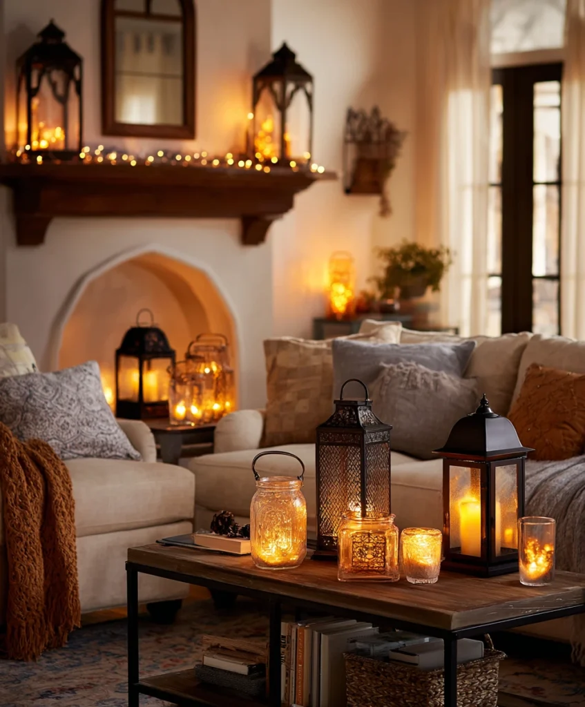A softly lit living room with amber-toned lamps, lanterns holding battery-operated candles, and string lights across the mantel