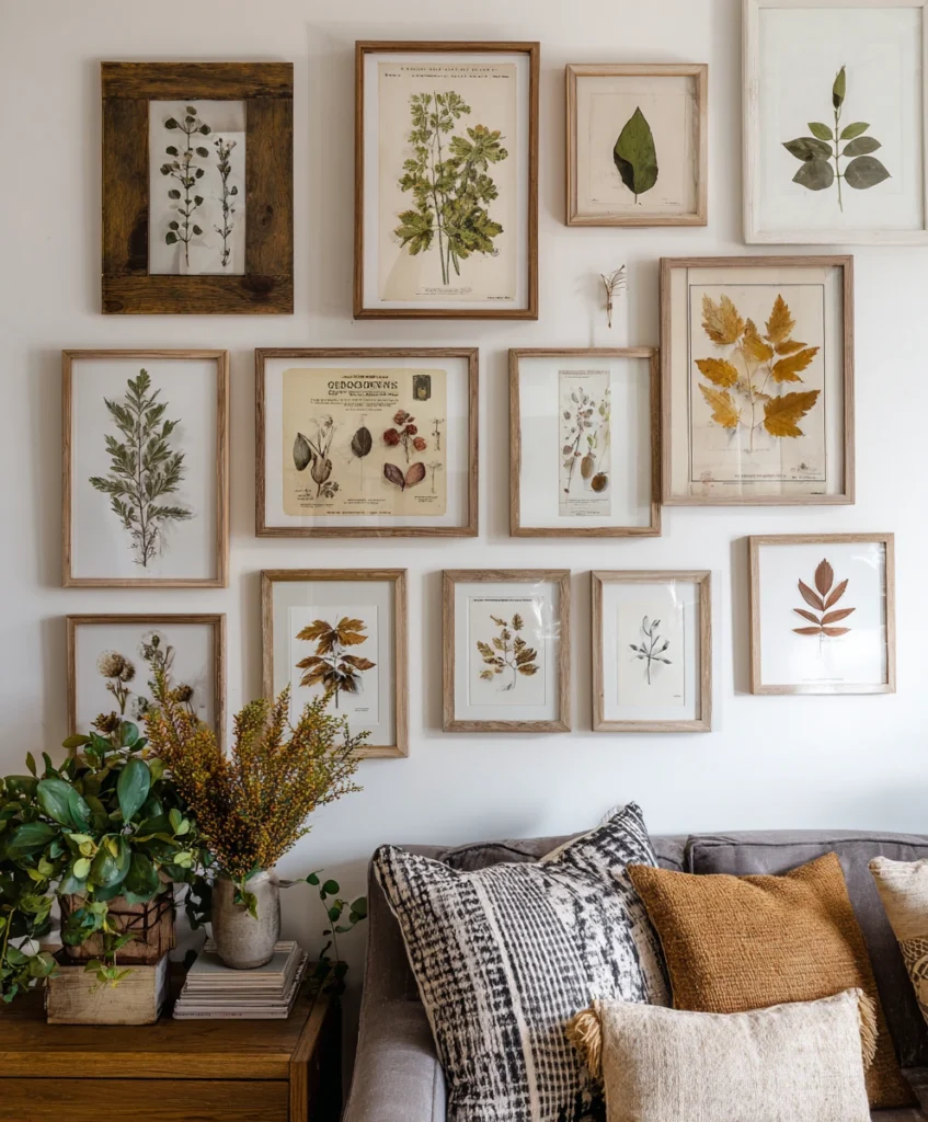 A gallery wall with framed autumn prints, including vintage seed catalog covers, botanical sketches of fall plants, and pressed leaves.