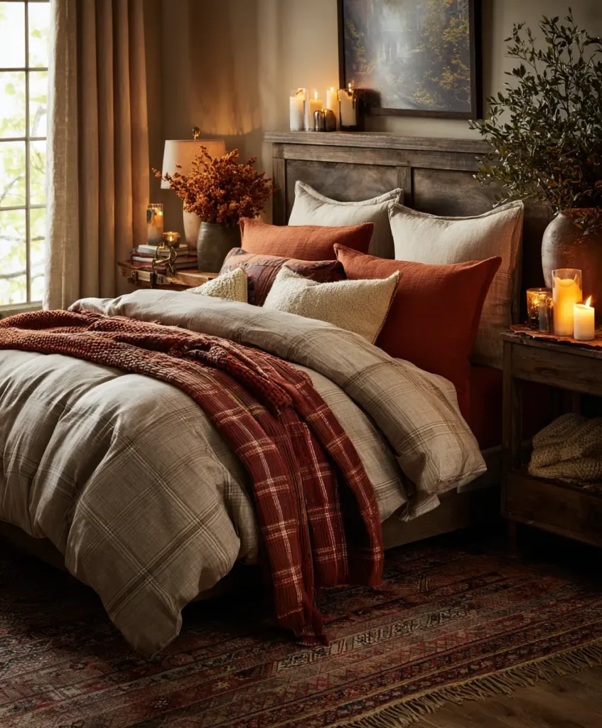 A bedroom styled with flannel sheets, a plaid blanket at the foot of the bed, and pillows in warm autumn hues.