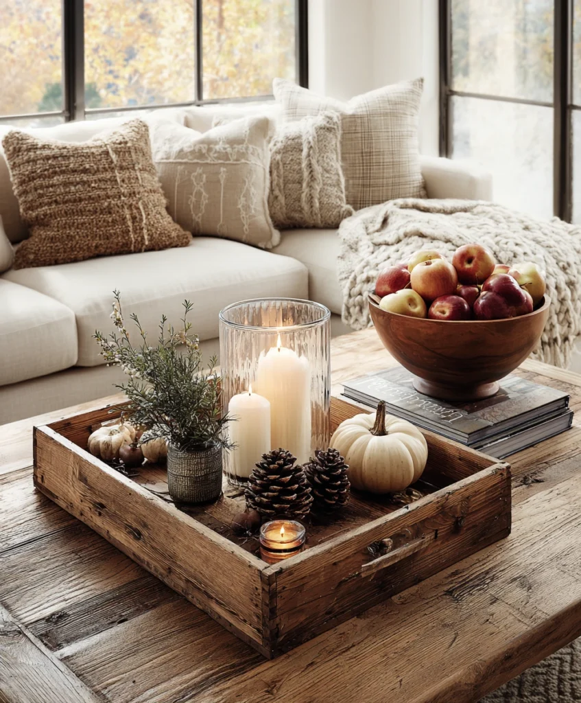 A coffee table styled with a reclaimed wooden tray holding candles, pinecones, and mini pumpkins.