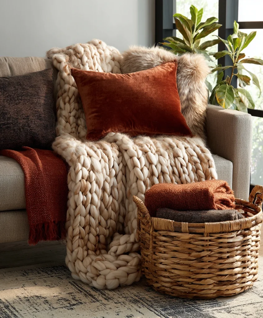 A cozy sofa draped with a chunky knit blanket, faux fur throw, and velvet pillows in autumn colors.
