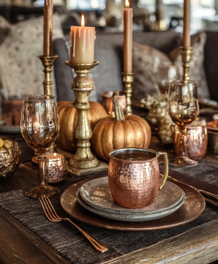 A rustic dining setup featuring copper mugs, brass candlesticks, and gold-accented pumpkins.