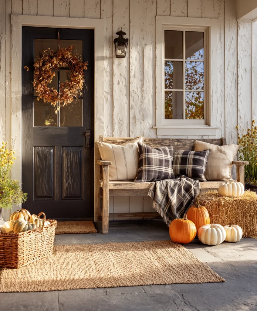 A front entryway with a rustic bench draped in a plaid throw, a basket of gourds on the floor, and a wreath of dried leaves on the door.