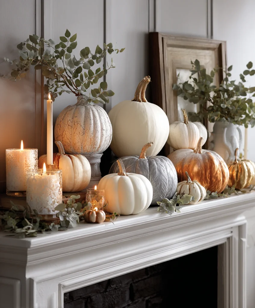 A mantel decorated with a mix of white, orange, and metallic painted pumpkins in varying sizes, styled alongside candles and greenery.