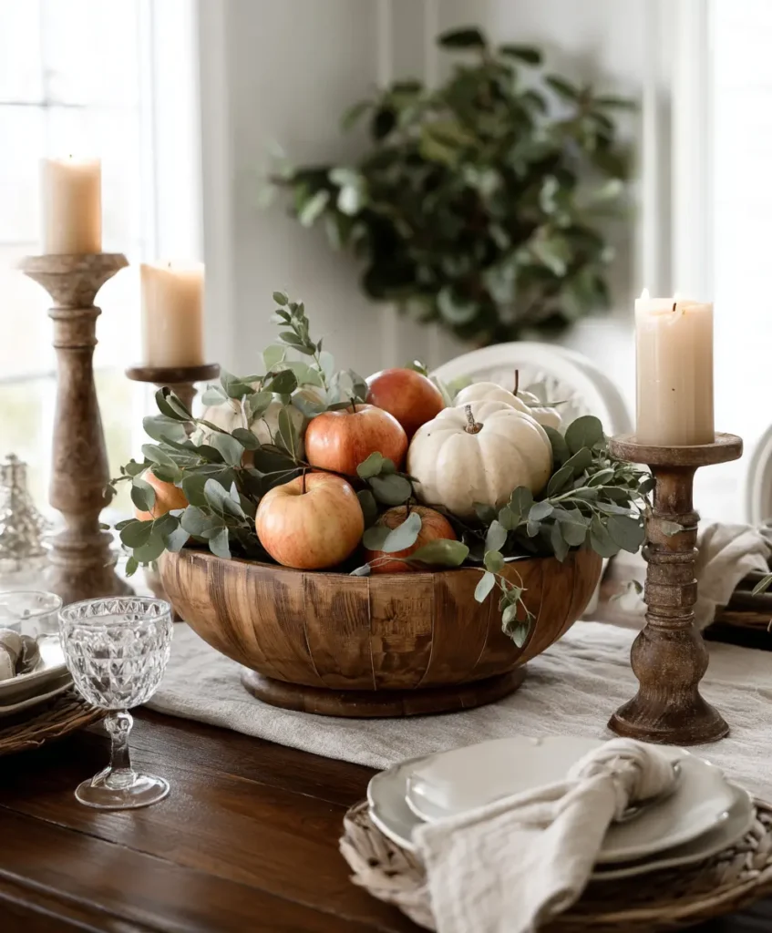 A dining table centerpiece styled with a wooden dough bowl filled with apples, pumpkins, eucalyptus sprigs, and tall candlesticks.