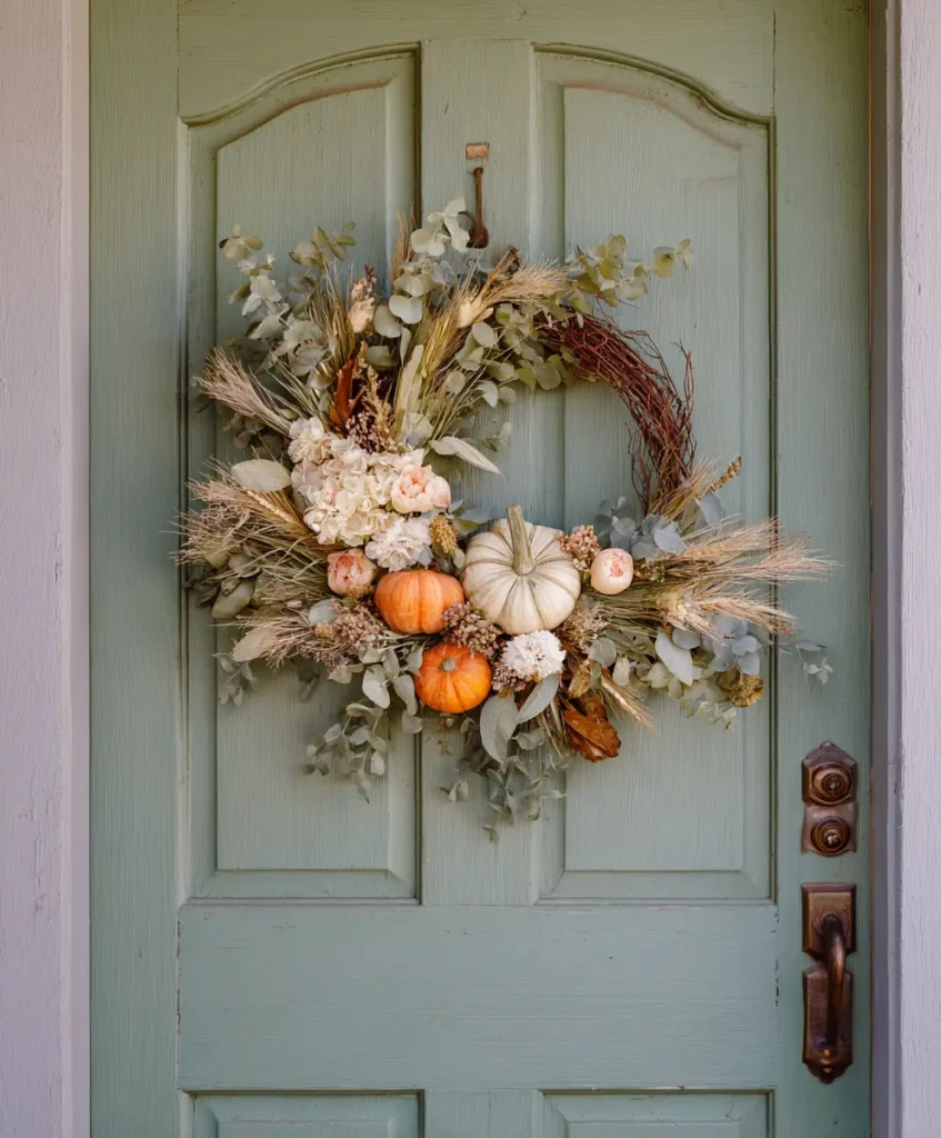 A handmade fall wreath on a front door, crafted with eucalyptus, dried flowers, wheat stalks, and small faux pumpkins.