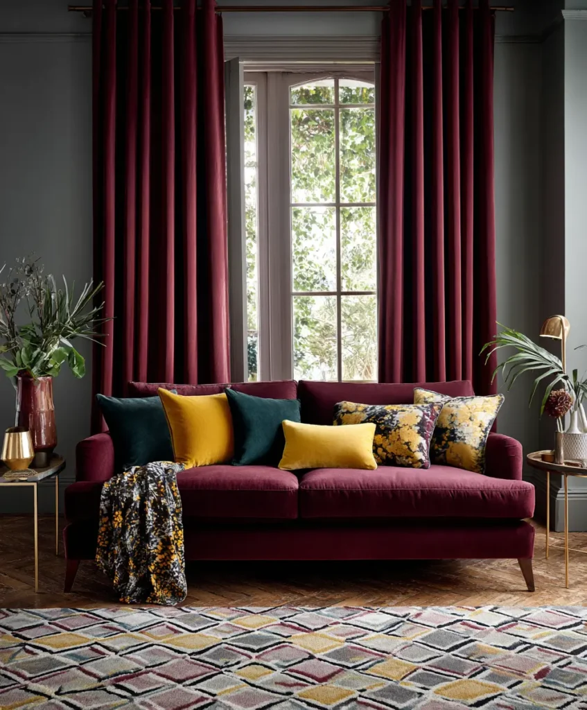 A living room featuring burgundy velvet curtains and an earthy-toned patterned rug.