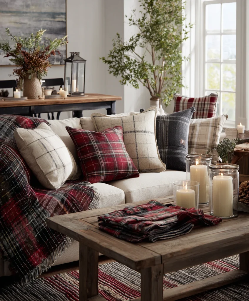 A farmhouse-style living room with plaid pillows, a tartan blanket draped on the couch, and plaid napkins folded neatly.