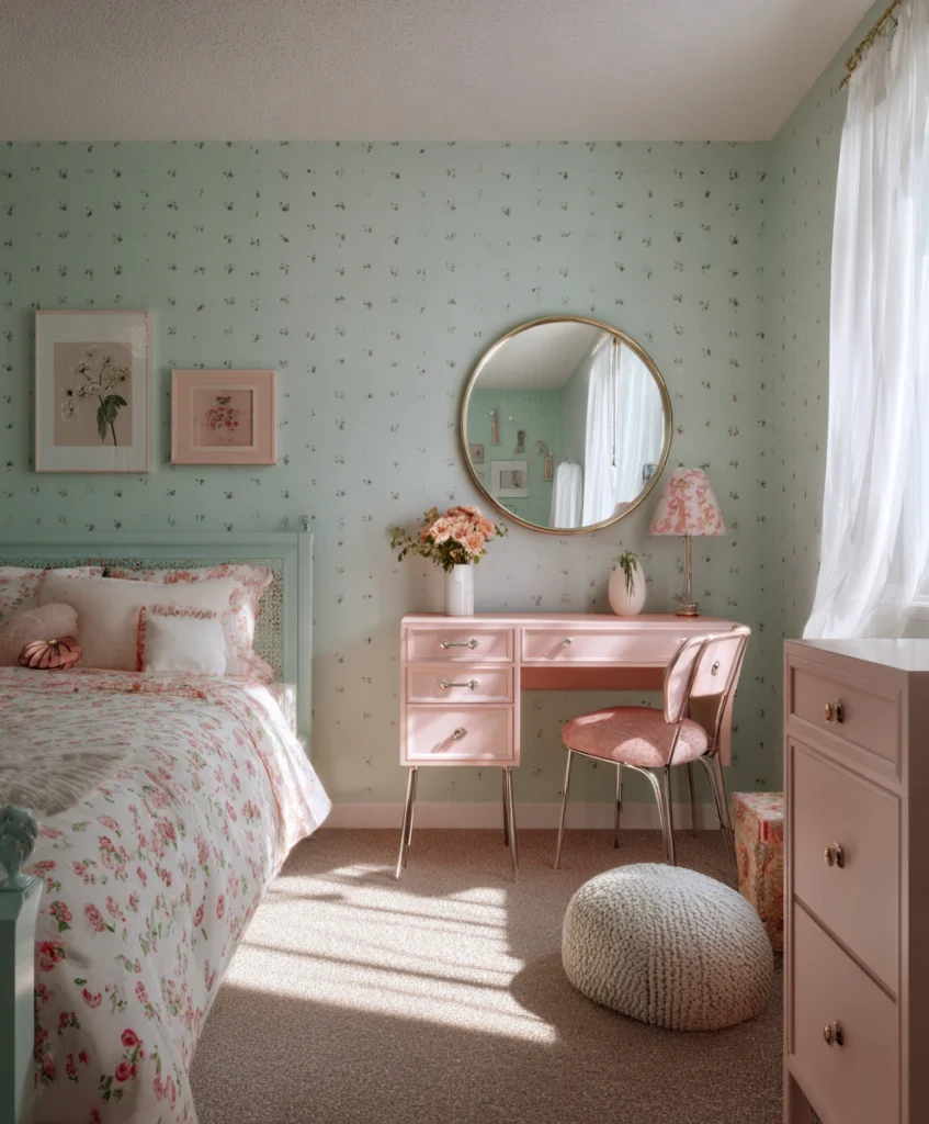 A cheerful retro bedroom styled with pastel mint walls, a pink dresser, and playful polka dot wallpaper.