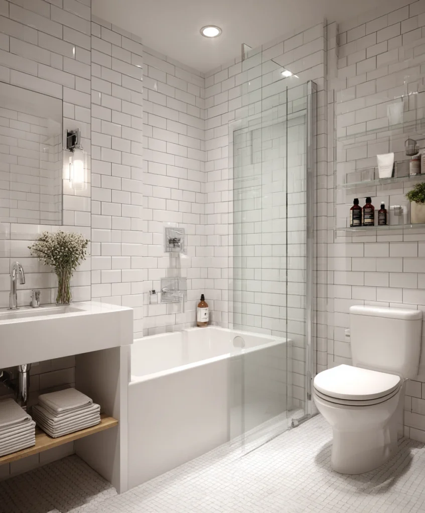 compact modern bathroom with a sleek white alcove bathtub enclosed by three walls, subway tile backsplash, glass shower door, chrome fixtures and bright practical style