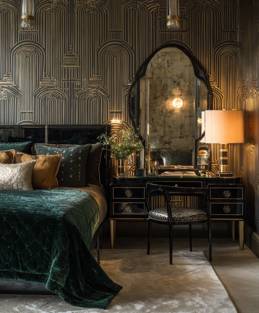 sleek Art Deco bedroom with a mirrored vanity, lacquered black furniture, and bold geometric wallpaper