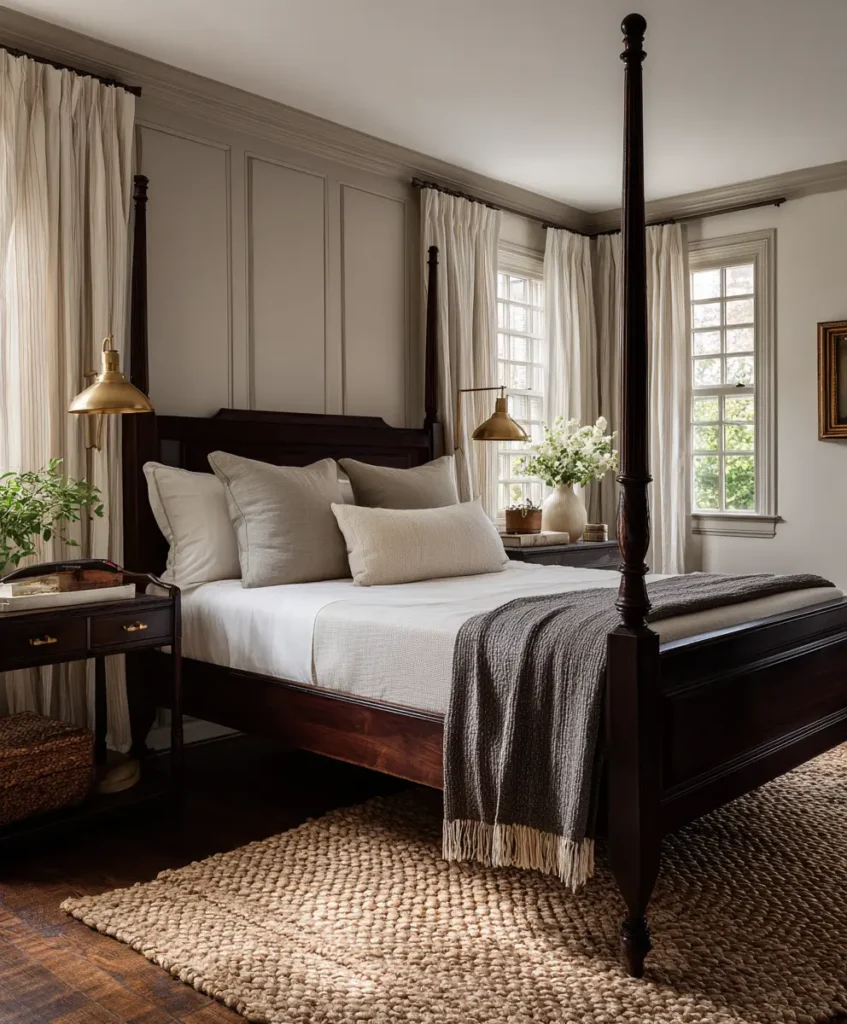 traditional Colonial Revival bedroom featuring a dark wood four-poster bed, a braided rug, and neutral walls