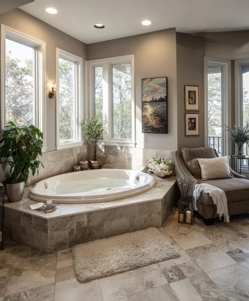 corner bathtub installed in a master bathroom, near big windows with natural sunlight, surrounded by neutral stone tiles and cozy seating nearby,