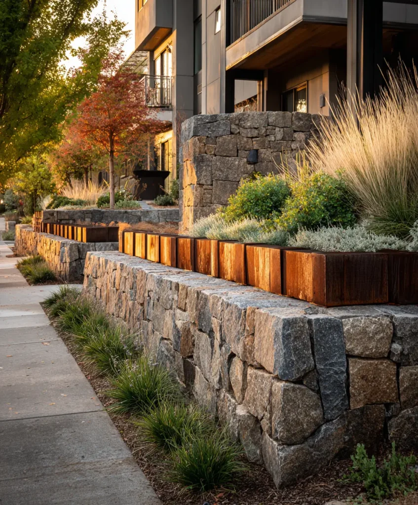 A custom retaining wall combining stacked stone at the base with sleek timber caps and steel accents.