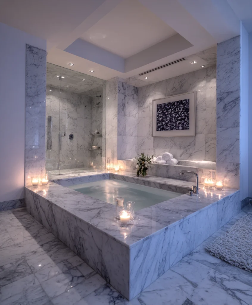 rectangular drop-in bathtub set into a marble deck, warm recessed lighting, candles placed around the rim, elegant spa-inspired bathroom design