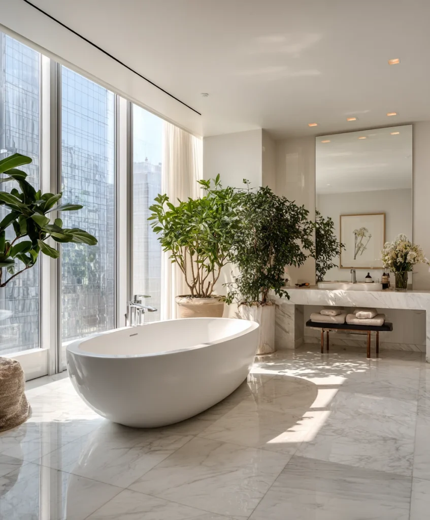 white oval freestanding bathtub centered on polished marble flooring, surrounded by floor-to-ceiling windows, greenery, and minimal modern décor, luxurious spa-like ambiance
