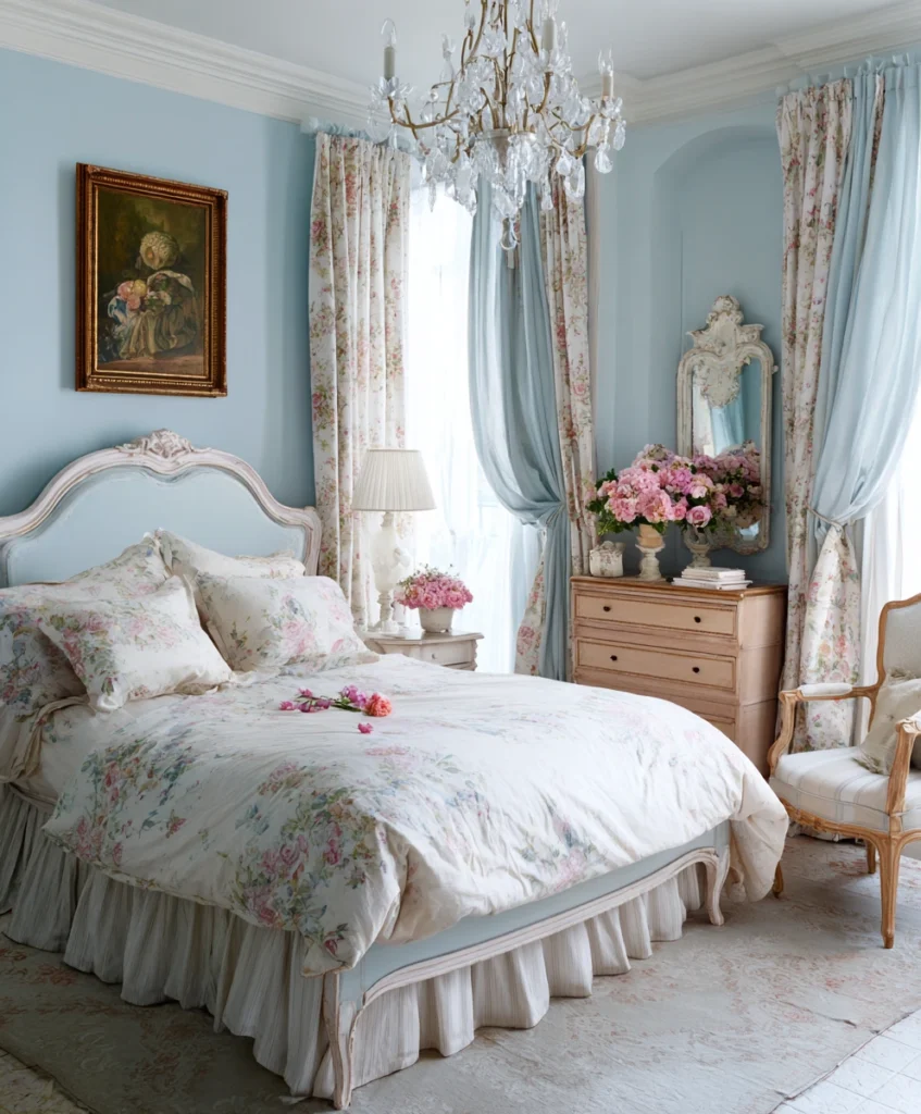 A romantic vintage French Provincial bedroom with painted white furniture, a curved pastel headboard, and toile-patterned bedding.