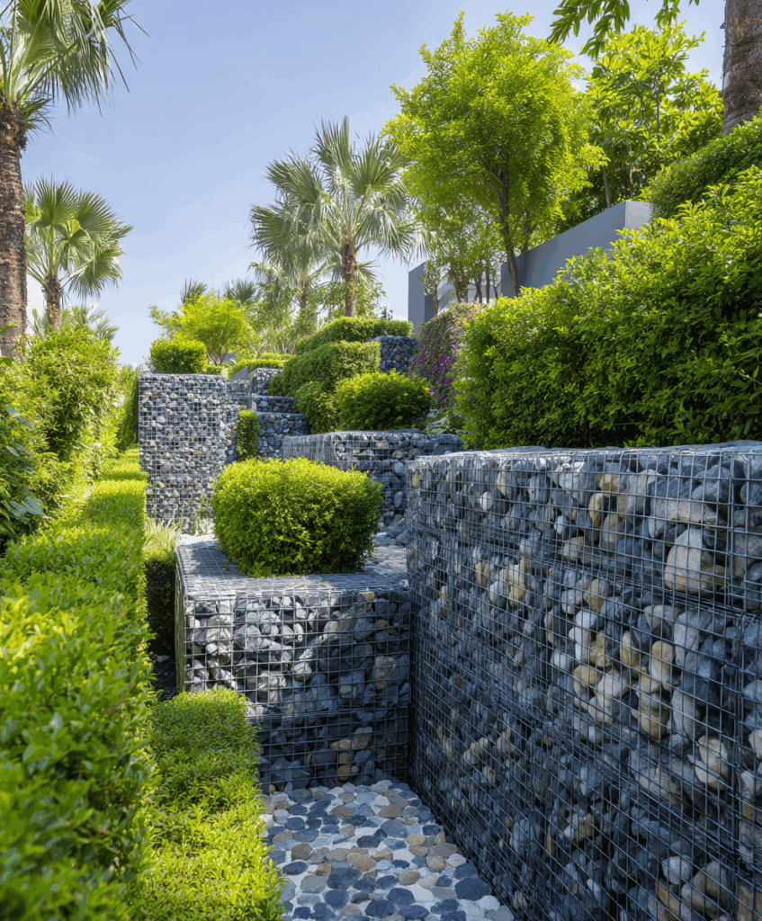 A bold gabion retaining wall made of steel wire cages filled with smooth river rocks.