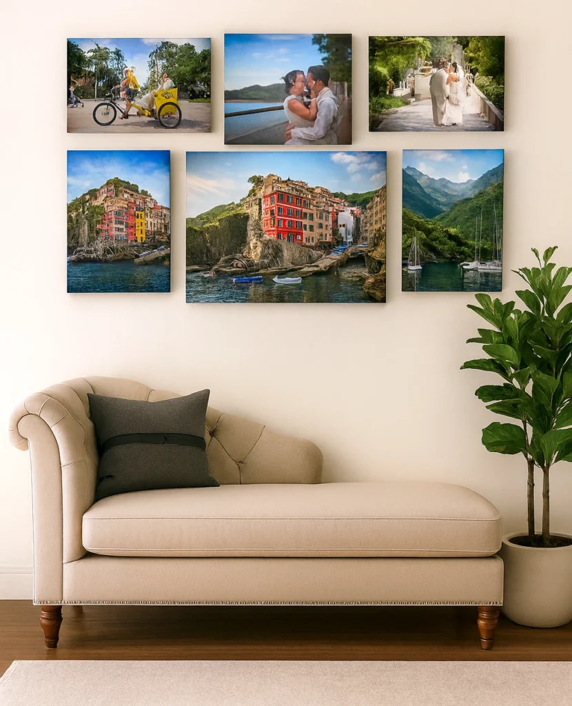 a contemporary living space featuring a sleek chaise lounge sofa, a balanced gallery wall layout displays six framed photographs arranged symmetrically